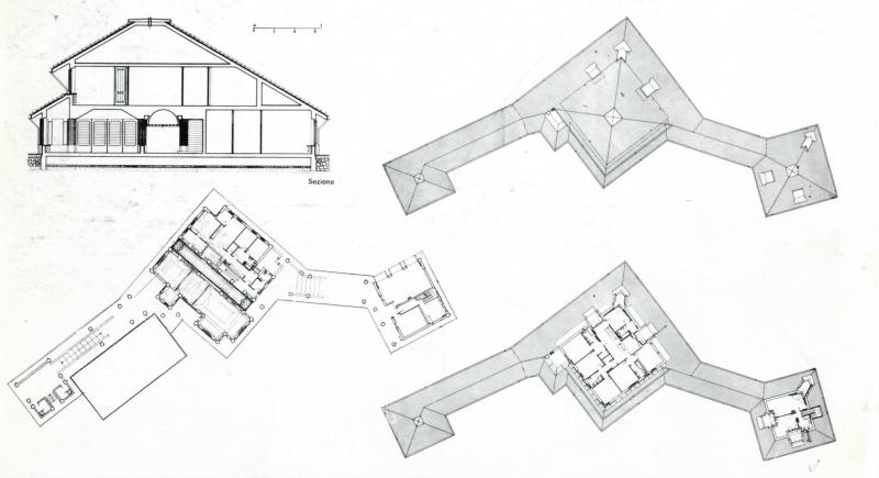 Sezione, pianta del piano terreno, pianta del primo piano e pianta della copertura