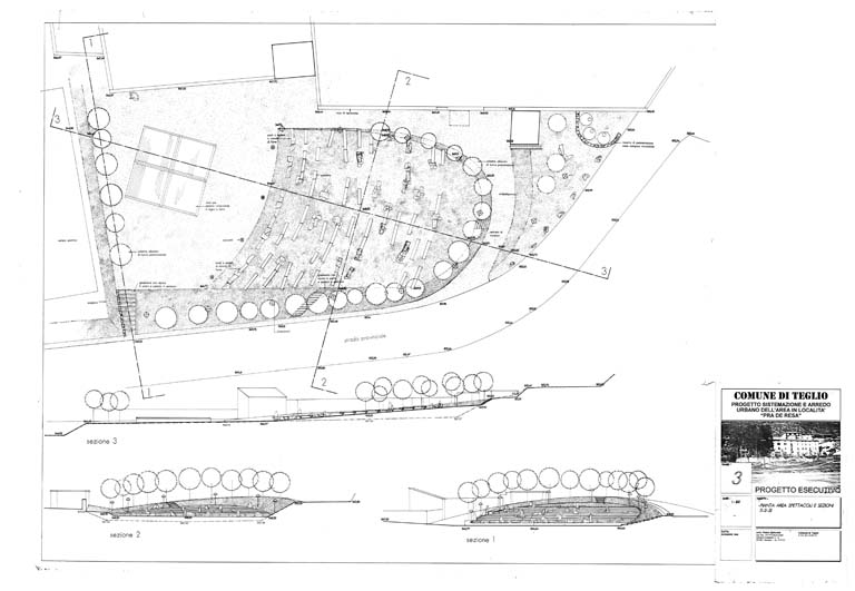Pianta area spettacoli e sezioni. Tav. 3. Scala 1:100, dicembre 1996. Disegno tecnico