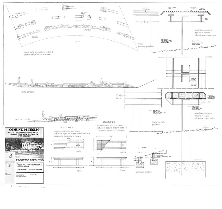 Pianta della disposizione dei posti a sedere, sezioni e particolari costruttivi sedute. Scala 1:20, 1:10, 1:2. Disegno tecnico