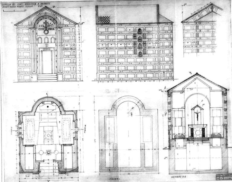 Pianta, sezione trasversale, prospetti. Copia xerografica impaginata su cartoncino