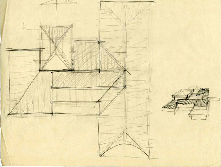 Schizzo di studio pianta coperture e prospettiva