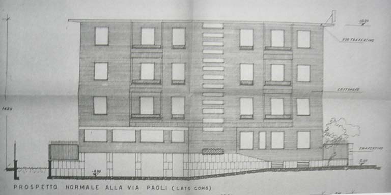 Prospetto normale alla via Paoli (lato Como). Estratto di tavola tecnica