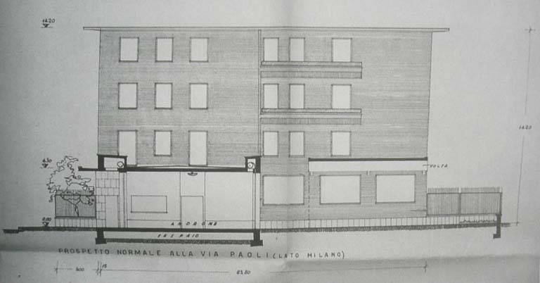Prospetto e sezione normale alla via Paoli (lato Milano). Estratto di tavola tecnica