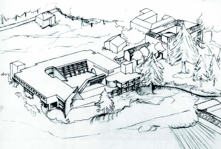 Schizzo assonometrico di inserimento del complesso. Inchiostro di china su lucido