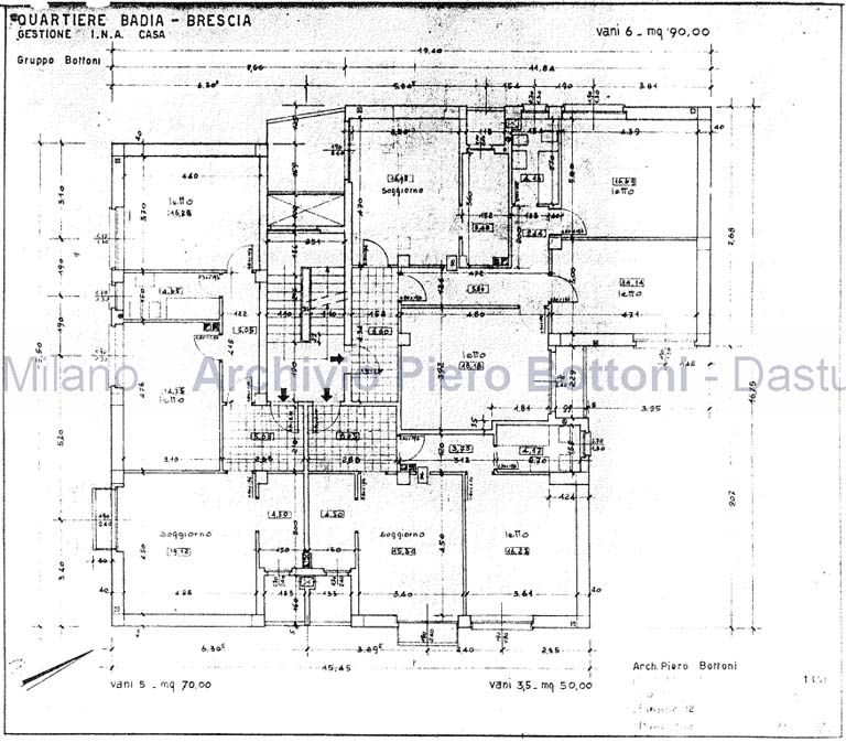 n. 86 Quartiere Badia, Brescia, gestione Ina-casa, edificio 12, dis. 7, pianta piano tipo, scala 1:50, prot. 1430, 1 marzo 1957. Eliografia su lucido, cm 47,8x56,0. T253