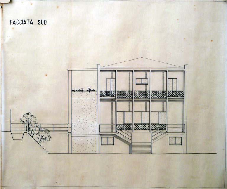 Prospetto sud. Scala 1:50, 11 ottobre 1951. Inchiostro di china su carta da lucido