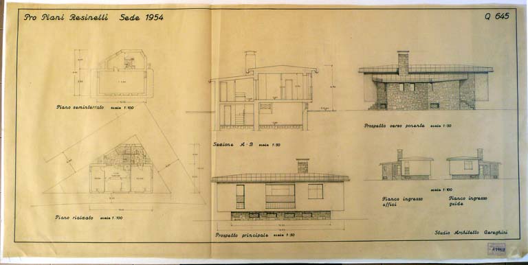 Piante, prospetti, sezione, scala 1:100, 1:50. China su lucido