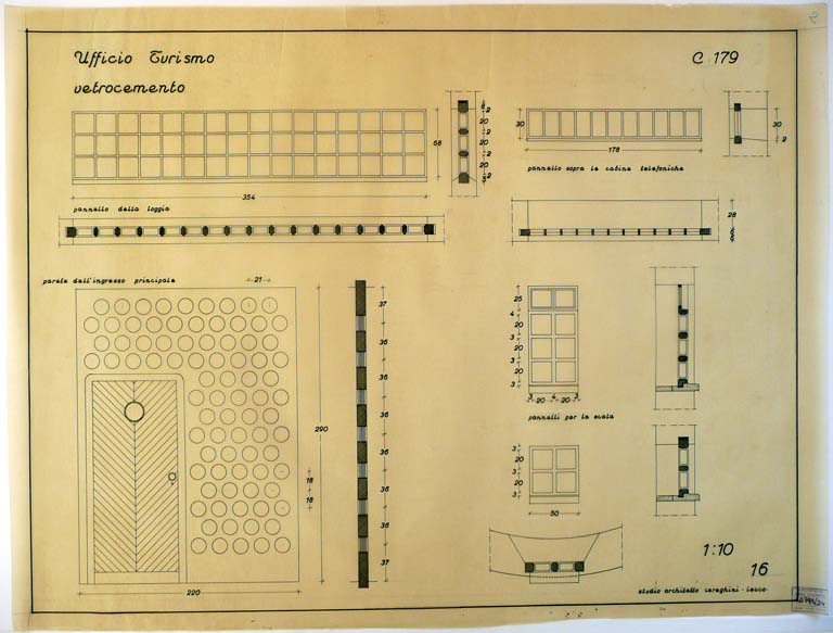 Dettagli elementi in vetrocemento, scala 1:10. China su lucido