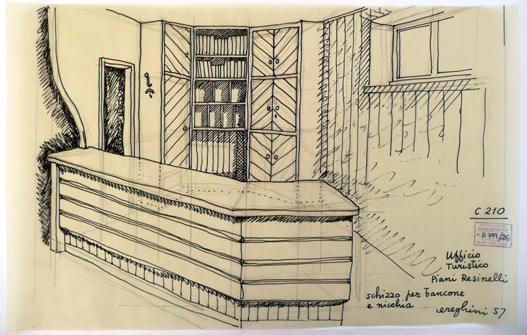 Schizzo prospettico dell'interno con bancone. China su lucido, 1957