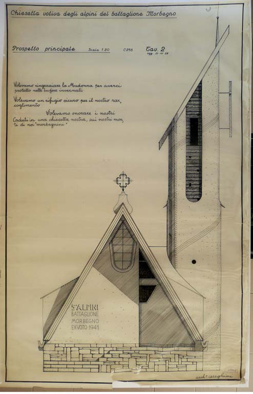 A769/1 Prospetto principale chiesa e campanile, scala 1:20 agg. 1958. China su lucido. (Fondo Mario Cereghini)