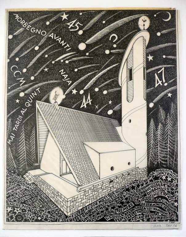 A769/2 Manifesto chiesa e campanile. China su lucido. (Fondo Mario Cereghini)