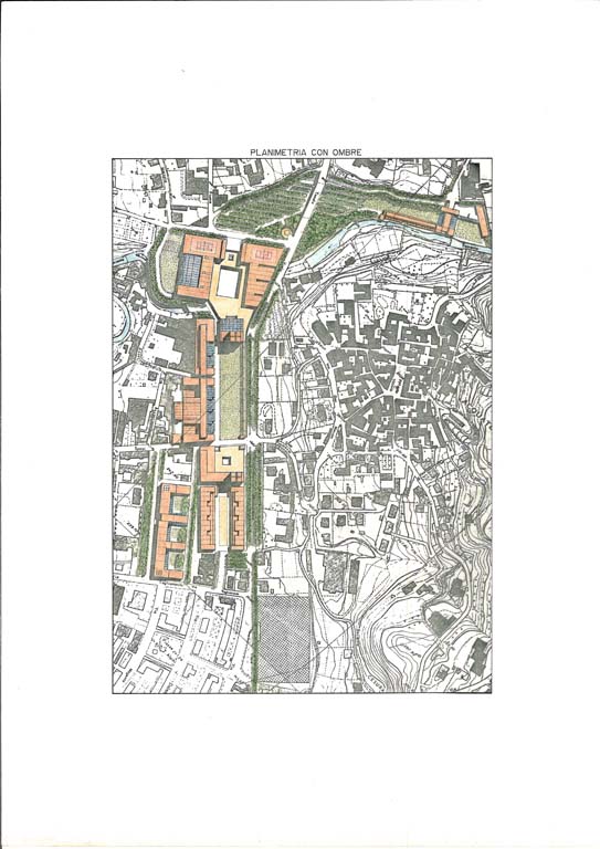 Planivolumetria dell'intervento, planimetria generale (studio di fattibilità). Copia xerografica incollata su cartoncino (colorata a pastello)