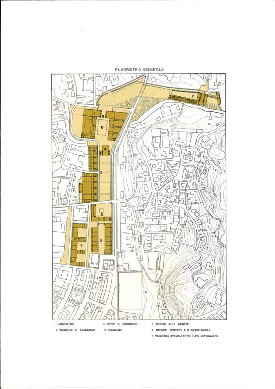 Planivolumetria dell'intervento, planimetria generale (studio di fattibilità). Copia xerografica incollata su cartoncino (con applicazione di retini)
