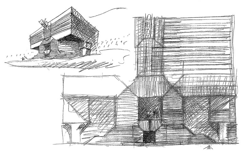 Mario Botta, schizzo prospettico e del prospetto. (Archivio Mario Botta)