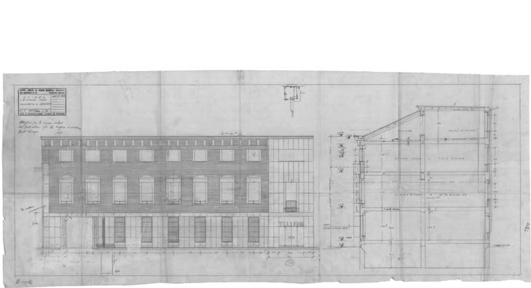 Prospetto verso via Galliano e sezione. Scala 1:50, 24-9-1954. Matita su carta da lucido