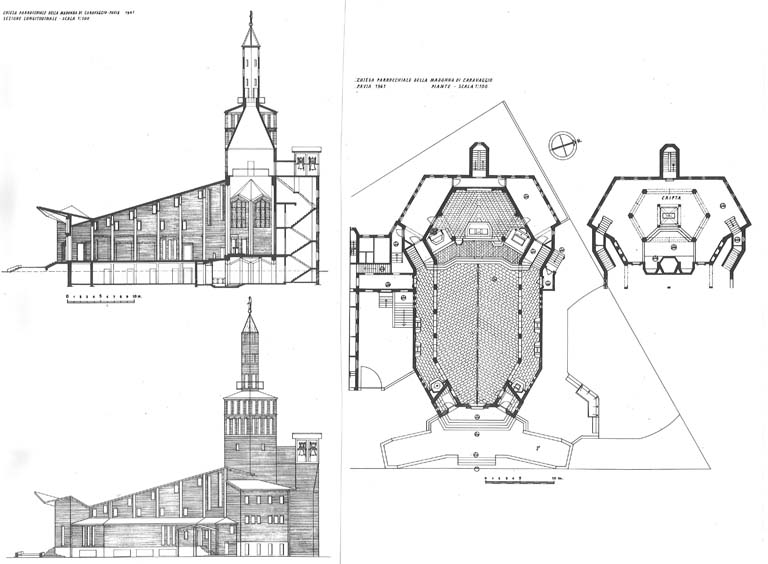 Pianta, sezione longitudinale, prospetto laterale. Scala 1:100, 1963. Copia xerografica impaginata su cartoncino