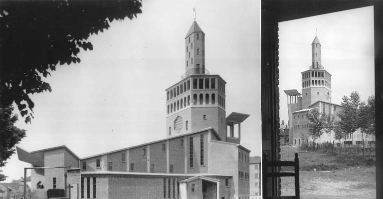 Parrocchia S. Maria di Caravaggio, Pavia. Vista d'insieme e abside. Copia xerografica impaginata su cartoncino