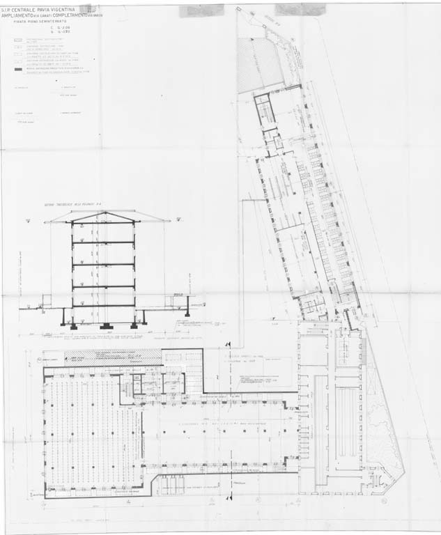 Pianta piano seminterrato e sezione trasversale verso via Grassi. Scala 1:100, 15-1-1974 agg. 10-4-1975. Inchiostro di china su carta da lucido