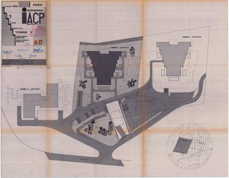 Planimetria generale sistemazioni esterne. Tav. 1. Scala 1:200, novembre 1982. Copia eliografica piegata