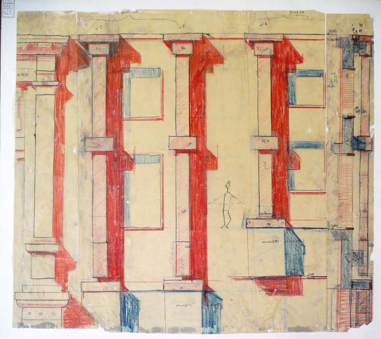 Studio proporzionale della facciata. Senza scala, 11/10/1961. Matita e pastello su carta