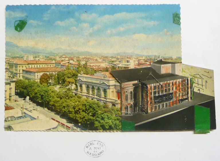 Ridotto del teatro Donizetti, Bergamo. Studio dell'inserimento urbano dell'intervento. Disegno e collage su cartolina a colori