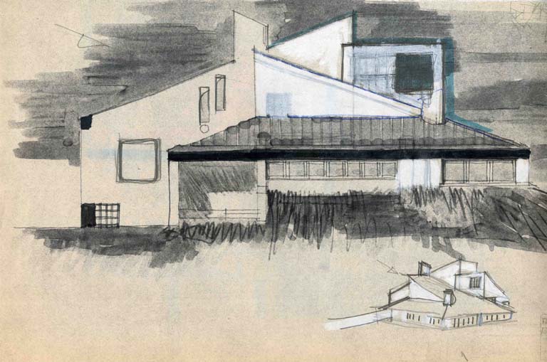 Disegno di studio del fronte rivolto al giardino. 