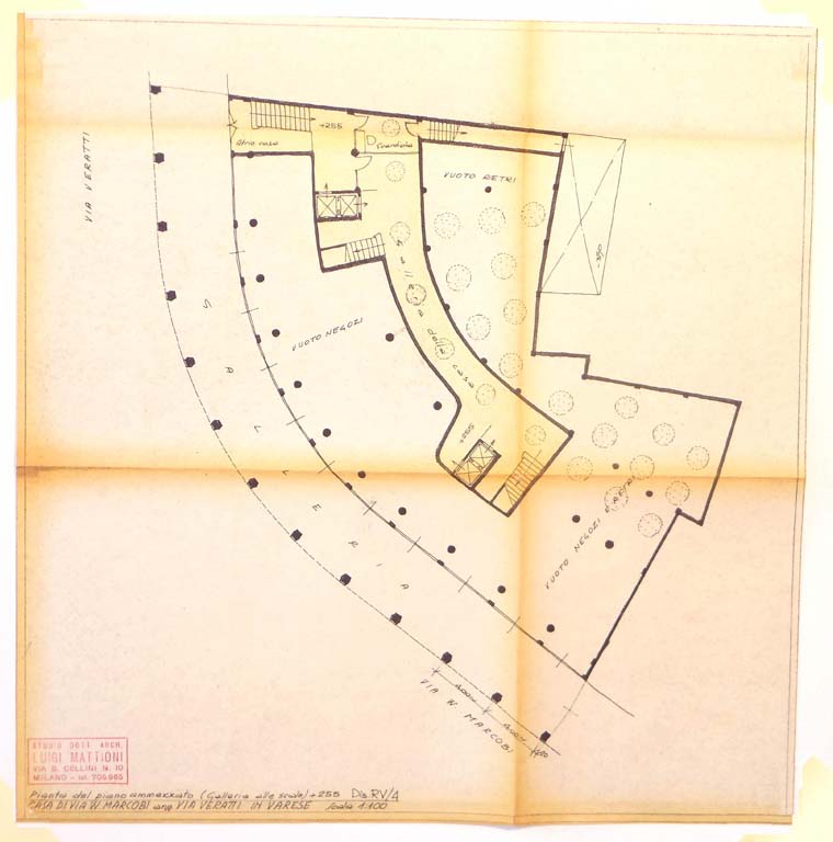 Pianta piano ammezzato (galleria alle scale). Dis. RV/4. Scala 1:100, s.d. Copia eliografica piegata