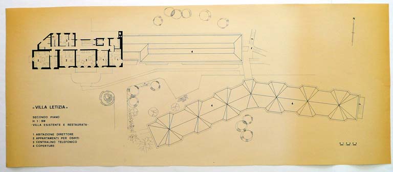 Pianta secondo piano villa esistente e restaurata. Scala 1:100, s.d. Copia eliografica dei disegni per pubblicazione