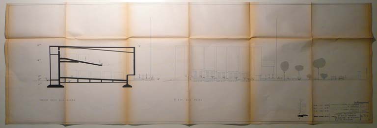 Sezione e fianco aula magna. Tav. 10 E. Scala 1:100, s.d. Copia eliografica piegata