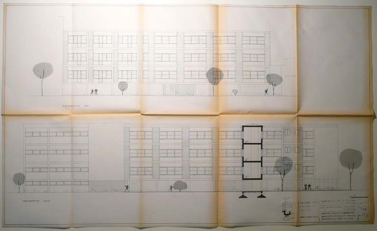 Prospetti sud ed est del gruppo aule e laboratori (corpo collegamento officine). Tav. 21/E. Scala 1:100, s.d. Copia eliografica piegata