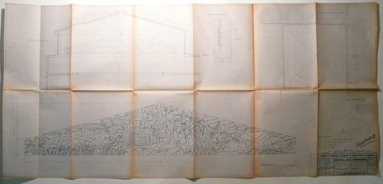 Sezione trasversale della copertura della sala contrattazione e particolare vetrata. Tav. 39. [Scala 1:50, 26-4-66]. Copia eliografica piegata