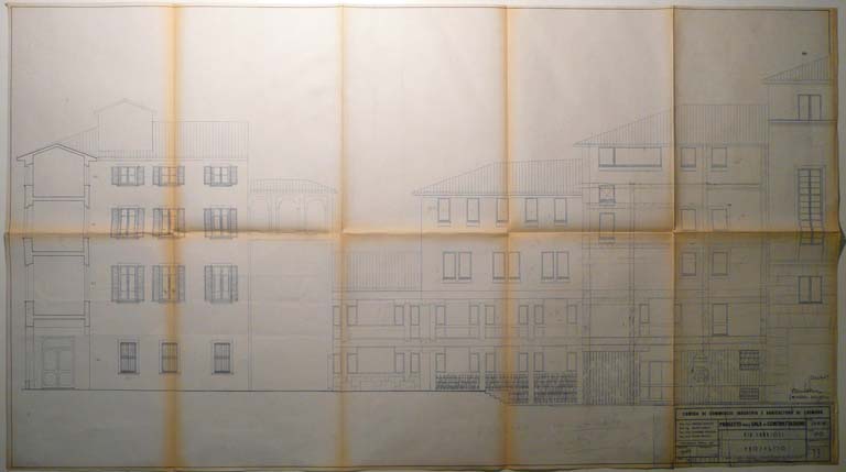 Prospetti su via Baldesio. Tav. 13. Scala 1:50, 26-4-66. Copia eliografica piegata con interventi manuali