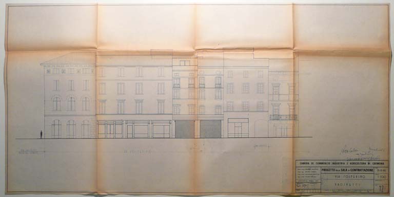 Prospetti su via Solferino. Tav. 12. Scala 1:50, 26-4-66. Copia eliografica piegata con interventi manuali