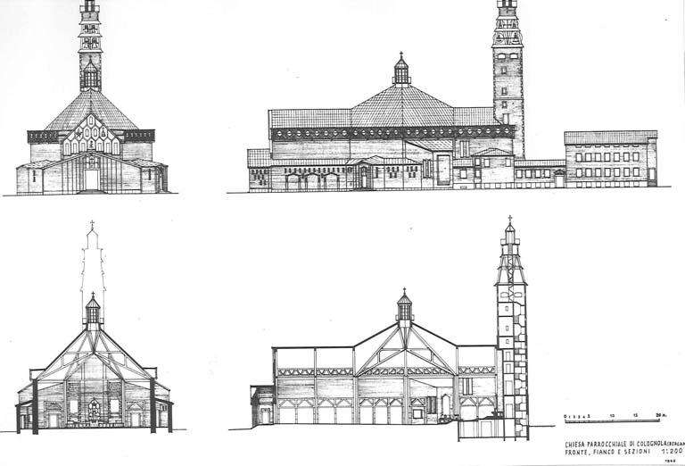 Prospetti e sezioni (chiesa di San Sisto). Scala 1:200, s.d. Copia xerografica impaginata su cartoncino