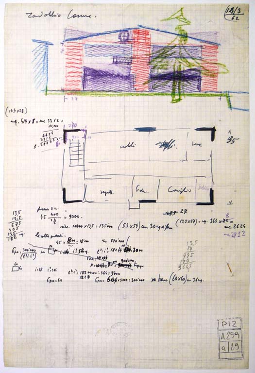 Schizzo di pianta e prospetto, 1962 Inchiostro di china e pastello su carta