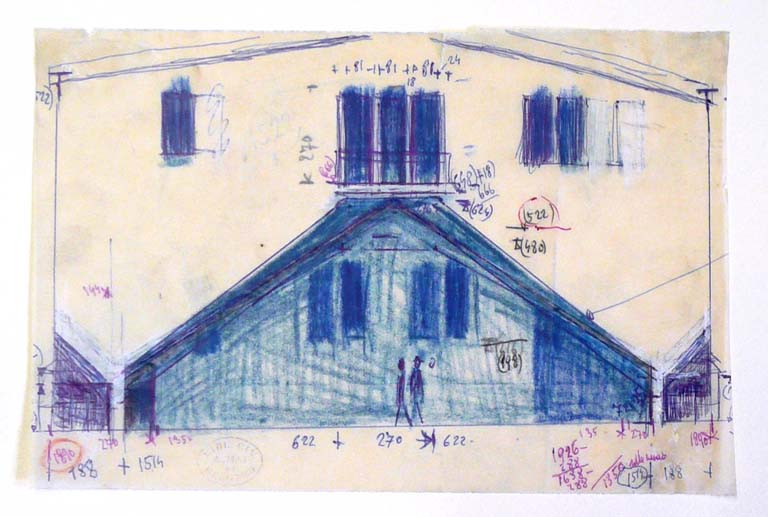 Schizzo del prospetto, s.d. Penna biro e pastello su carta da lucido