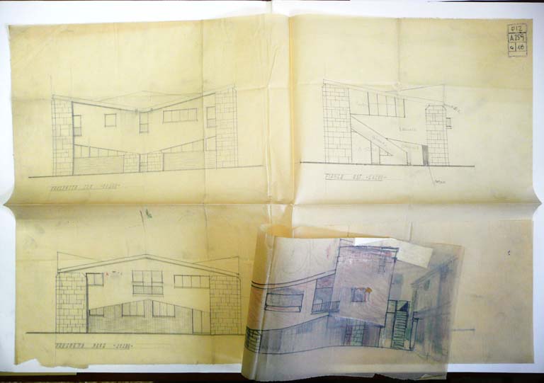 Prospetti sud, est, nord, ovest (A). Scala 1:100, s.d. Matita e pastelli su carta da lucido