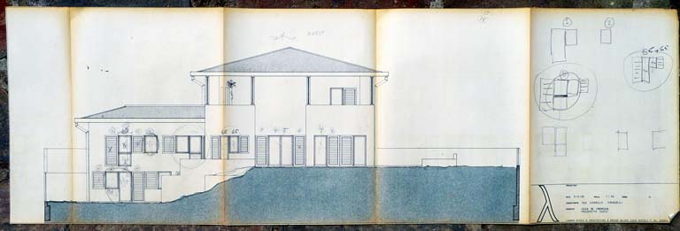Prospetto ovest. Scala 1:50, 4 giugno 1969. Copia eliografica piegata con correzioni a matita