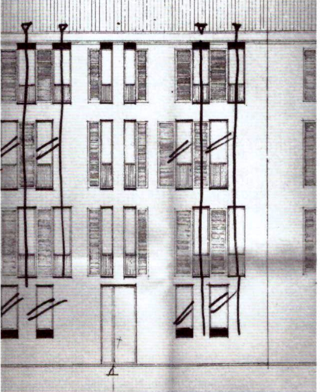 Dettaglio del prospetto. Copia eliografica piegata. Comune di Cremona, Licenze edilizie