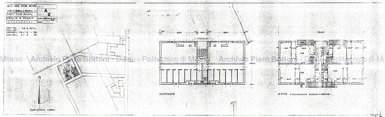 Due case Ina-casa in via Verdi a Muggiò (Mi), 1949-50. Dis. A2, planimetria, pianta cantinato, pianta piano tipo. Scala 1:100, 1:1000, 28 dicembre 1949. Matita su lucido. (Archivio Piero Bottoni, DAStU, Politecnico di Milano)
