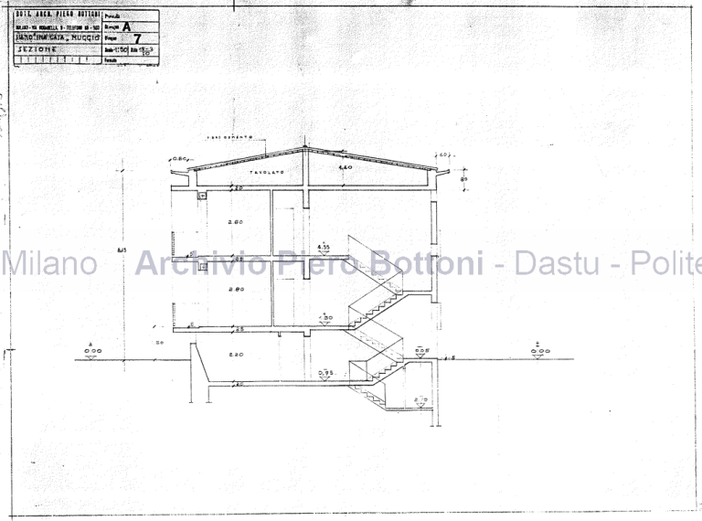 Due case Ina-casa in via Verdi a Muggiò (Mi), 1949-50. Dis. A7, sezione. Scala 1:50, 15 febbraio 1950. Matita su lucido. (Archivio Piero Bottoni, DAStU, Politecnico di Milano)