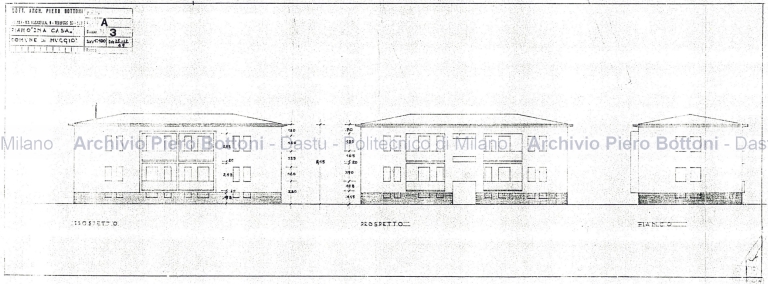 Due case Ina-casa in via Verdi a Muggiò (Mi), 1949-50. Dis. A3, prospetti e fianco. Scala 1:100, 28 dicembre 1949. Matita su lucido. (Archivio Piero Bottoni, DAStU, Politecnico di Milano)