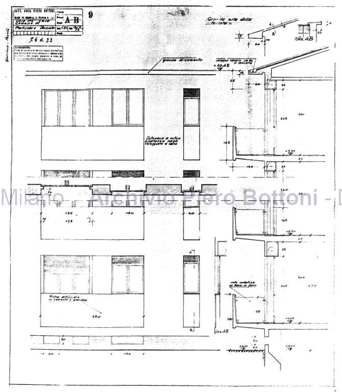 Casa Ina-casa in via N. Bianchi 11 a Robbiano, Giussano (Mi), 1951-52. Dis. A 3, A-B 9, particolare facciata. Scala 1:20, 16 settembre 1952. Matita su lucido. (Archivio Piero Bottoni, DAStU, Politecnico di Milano)
