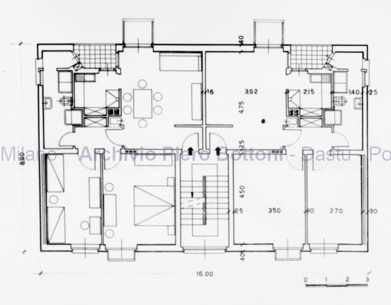 Casa Ina-casa in via San Domenico Savio a Ornago (Mi), 1951. Riproduzione pianta piano tipo, positivo, bianco e nero. (Archivio Piero Bottoni, DAStU, Politecnico di Milano)