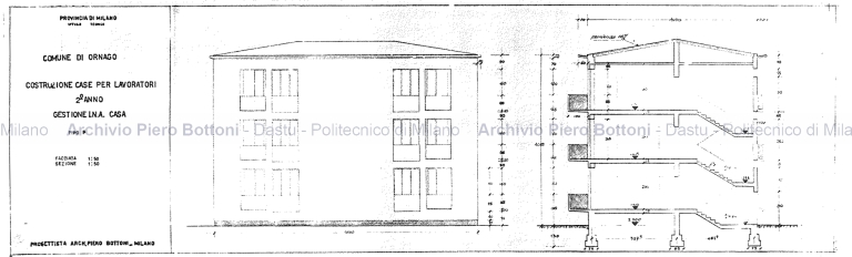 Casa Ina-casa in via San Domenico Savio a Ornago (Mi), 1951. Tipo F, facciata e sezione. Scala 1:50, s.d. Matita su lucido. (Archivio Piero Bottoni, DAStU, Politecnico di Milano)