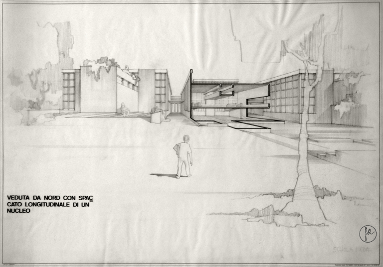 Veduta da nord con spaccato longitudinale di un nucleo, prospettiva. s.d. Inchiostro di china e matita su carta da lucido. (Archivio Gae Aulenti)