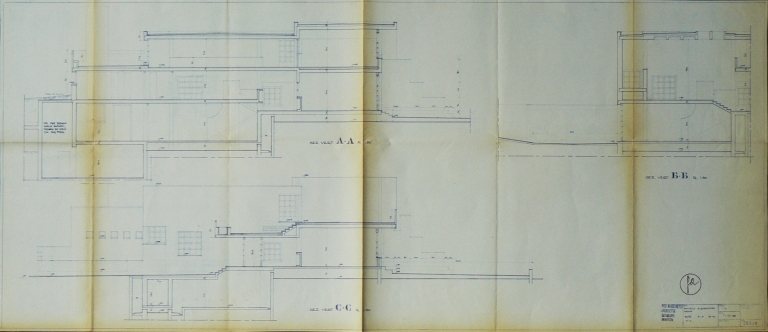 Sezione verticale AA, BB, CC. Scala 1:50, 24 giugno 1968. Inchiostro di china su carta da lucido. (Archivio Gae Aulenti)
