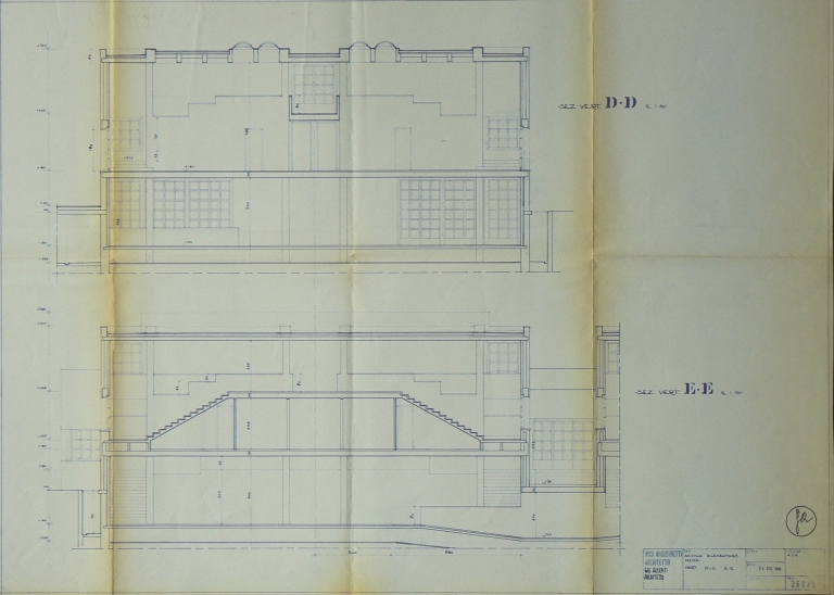 Sezione verticale DD, EE. Scala 1:50, 24 giugno 1968. Inchiostro di china su carta da lucido. (Archivio Gae Aulenti)