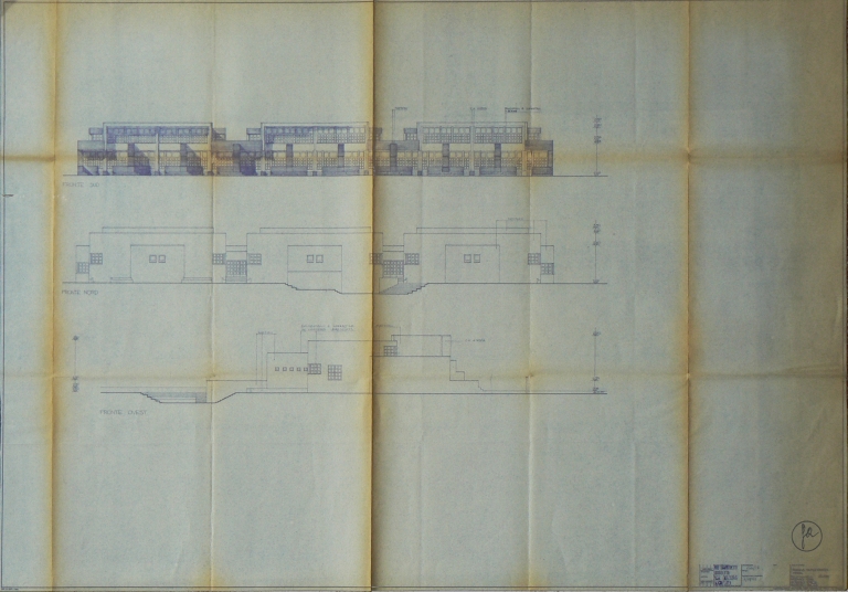 Fronte sud, fronte nord, fronte ovest, prospetti. Scala 1:100, 4 dicembre 1968. Inchiostro di china su carta da lucido. (Archivio Gae Aulenti)