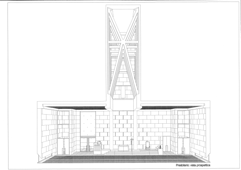 Presbiterio: vista prospettica. (Fondo Gregotti Associati, CASVA)